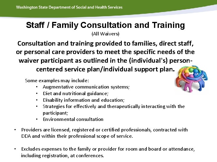 Staff / Family Consultation and Training (All Waivers) Consultation and training provided to families,