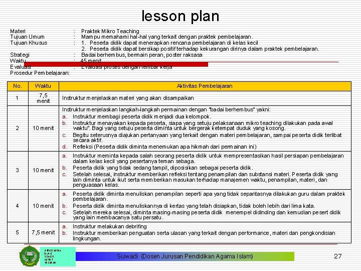 lesson plan Materi Tujuan Umum Tujuan Khusus : : : Strategi Waktu Evaluasi Prosedur