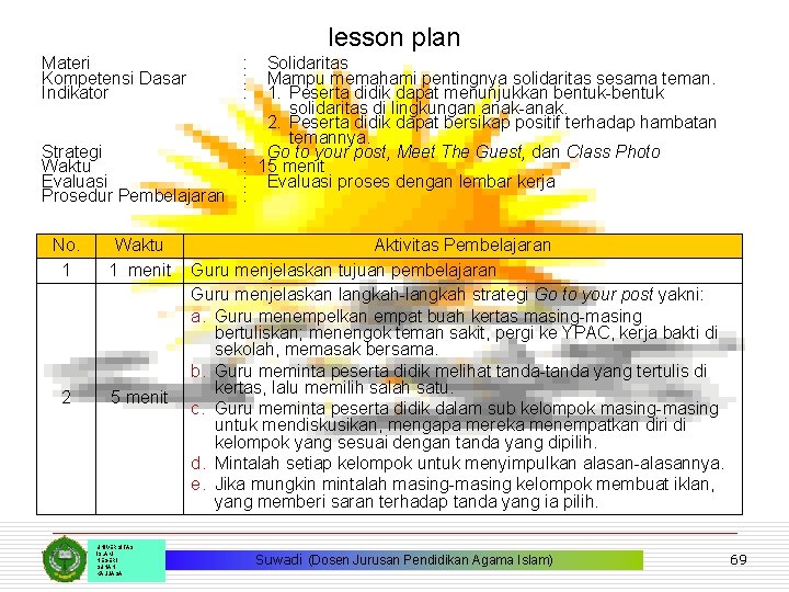 lesson plan Materi Kompetensi Dasar Indikator Solidaritas Mampu memahami pentingnya solidaritas sesama teman. 1.