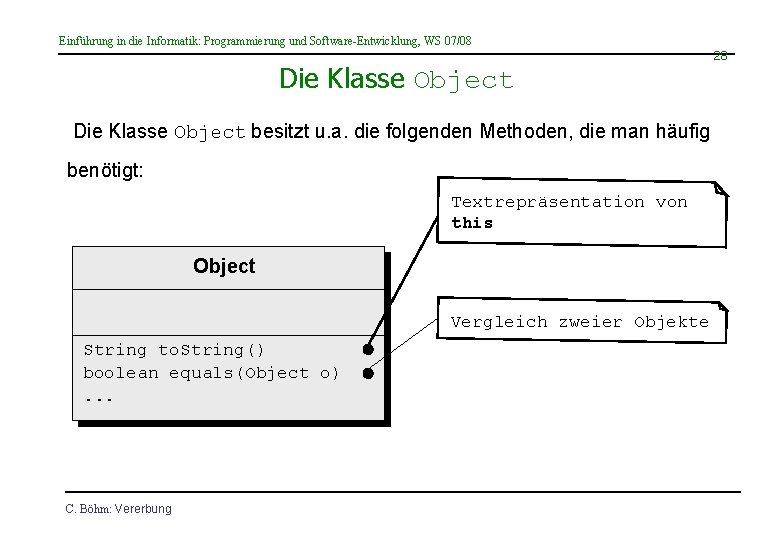 Einführung in die Informatik: Programmierung und Software-Entwicklung, WS 07/08 Die Klasse Object besitzt u.