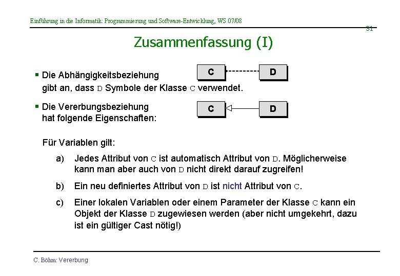 Einführung in die Informatik: Programmierung und Software-Entwicklung, WS 07/08 31 Zusammenfassung (I) § Die