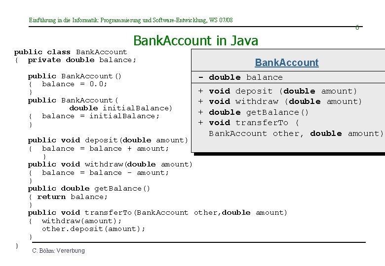 Einführung in die Informatik: Programmierung und Software-Entwicklung, WS 07/08 6 Bank. Account in Java