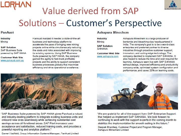 Value derived from SAP Solutions – Customer’s Perspective 