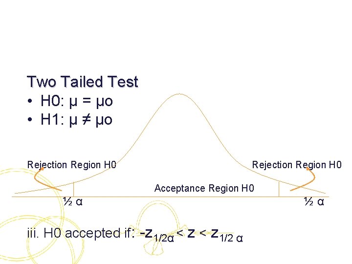 Two Tailed Test • H 0: μ = μo • H 1: μ ≠