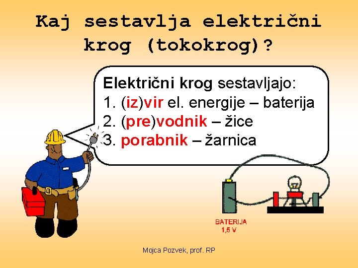 Kaj sestavlja električni krog (tokokrog)? Električni krog sestavljajo: 1. (iz)vir el. energije – baterija