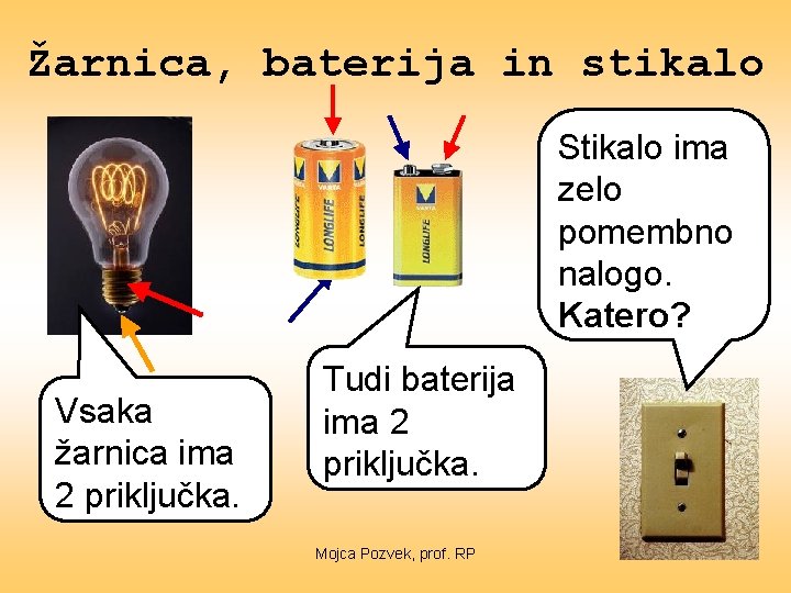 Žarnica, baterija in stikalo Stikalo ima zelo pomembno nalogo. Katero? Vsaka žarnica ima 2