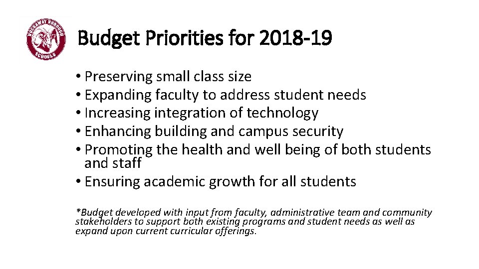 Budget Priorities for 2018 -19 • Preserving small class size • Expanding faculty to