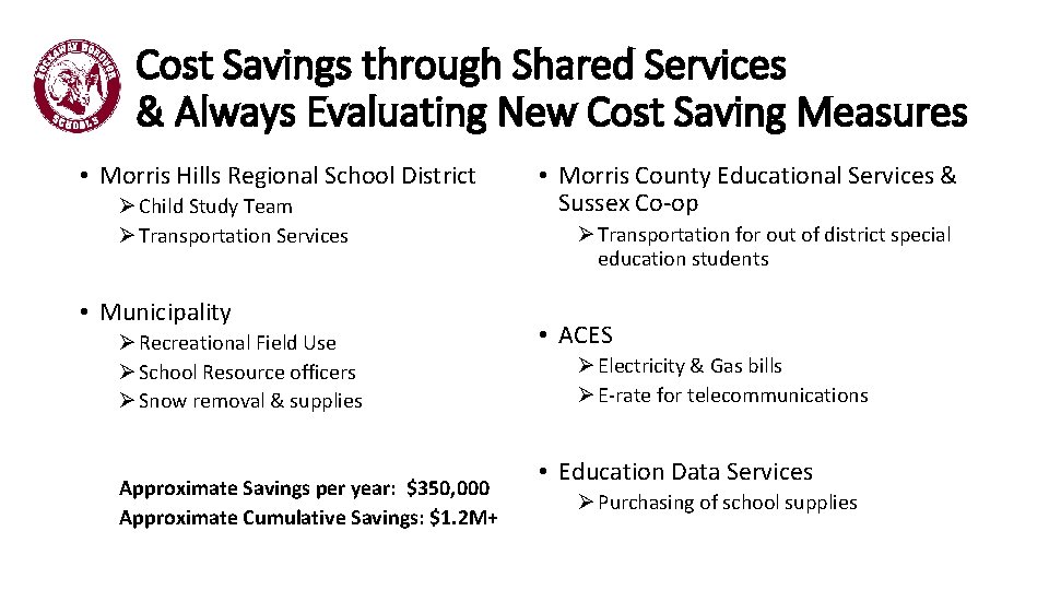 Cost Savings through Shared Services & Always Evaluating New Cost Saving Measures • Morris