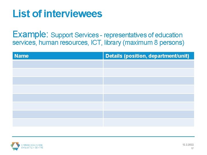 List of interviewees Example: Support Services - representatives of education services, human resources, ICT,