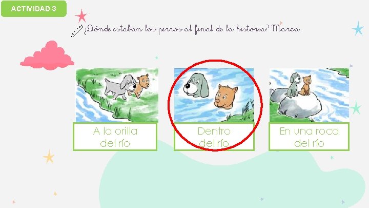 ACTIVIDAD 3 ¿Dónde estaban los perros al final de la historia? Marca. A la