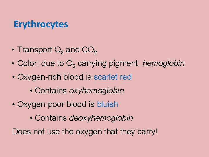 Erythrocytes • Transport O 2 and CO 2 • Color: due to O 2