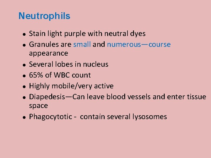 Neutrophils Stain light purple with neutral dyes Granules are small and numerous—course appearance Several