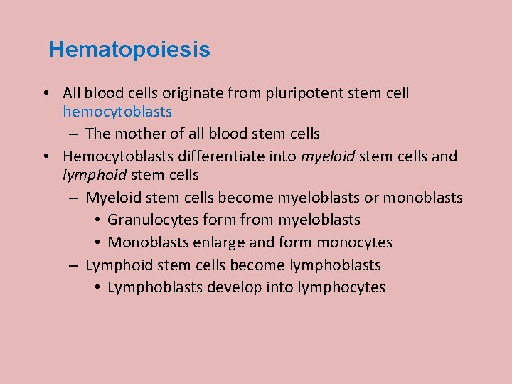 Hematopoiesis • All blood cells originate from pluripotent stem cell hemocytoblasts – The mother
