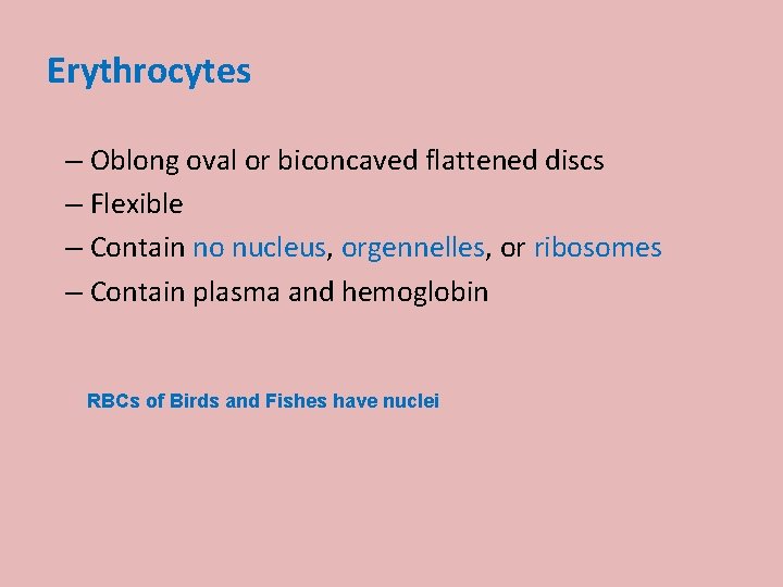 Erythrocytes – Oblong oval or biconcaved flattened discs – Flexible – Contain no nucleus,