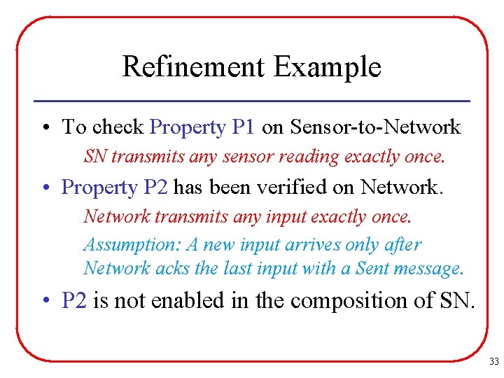 Refinement Example • To check Property P 1 on Sensor-to-Network SN transmits any sensor