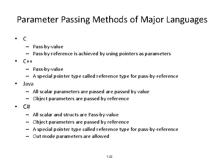 Parameter Passing Methods of Major Languages • C – Pass-by-value – Pass-by-reference is achieved