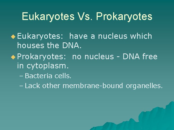 Eukaryotes Vs. Prokaryotes u Eukaryotes: have a nucleus which houses the DNA. u Prokaryotes: