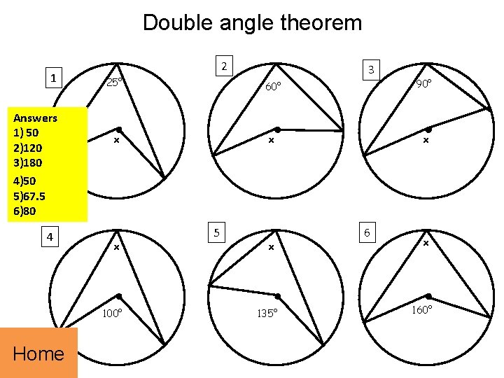 Double angle theorem 1 Answers 1) 50 2)120 3)180 4)50 5)67. 5 6)80 4