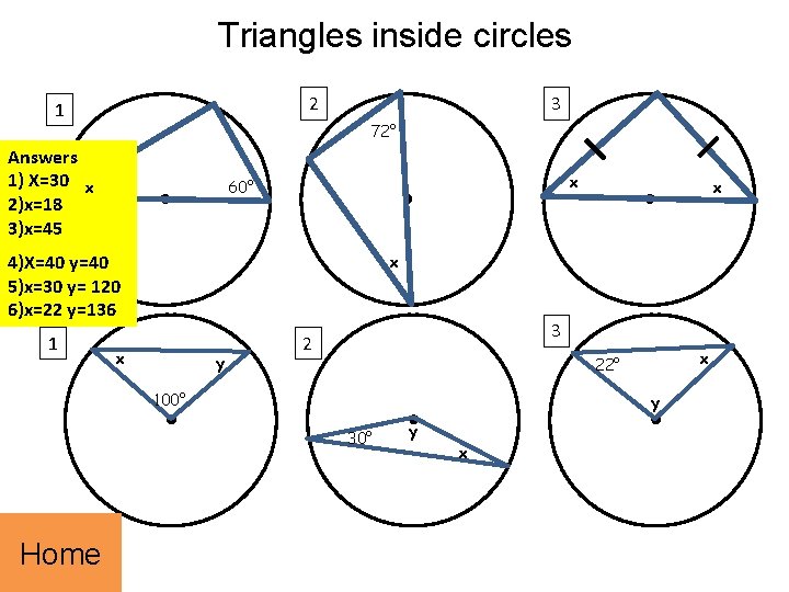 Triangles inside circles 2 1 Answers 1) X=30 2)x=18 3)x=45 3 72° x x