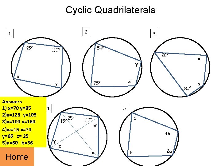 Cyclic Quadrilaterals 2 1 95° 3 54° 110° 20° x y Answers 1) x=70