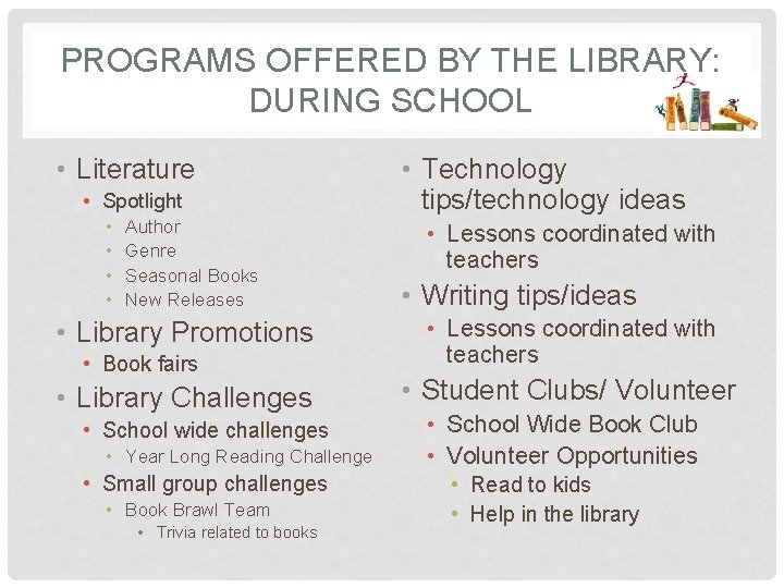 PROGRAMS OFFERED BY THE LIBRARY: DURING SCHOOL • Literature • Spotlight • • Author