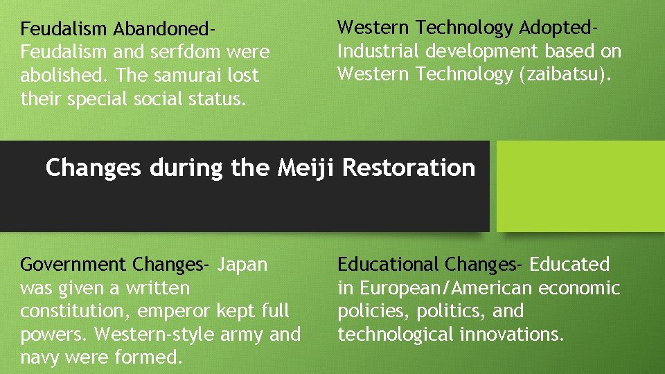 Feudalism Abandoned. Feudalism and serfdom were abolished. The samurai lost their special social status.