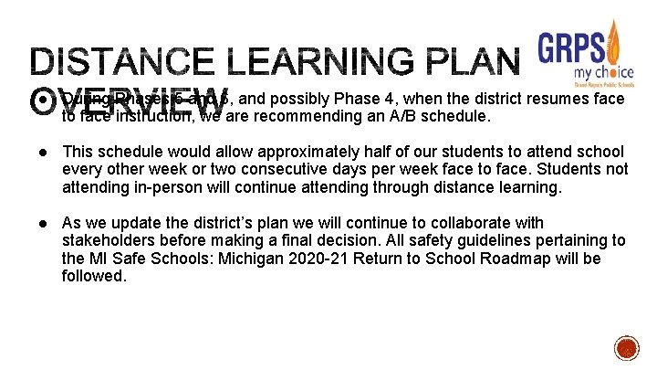 ● During Phases 5 and 6, and possibly Phase 4, when the district resumes