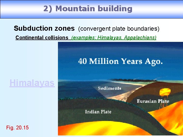 2) Mountain building Subduction zones (convergent plate boundaries) Continental collisions (examples: Himalayas, Appalachians) Himalayas