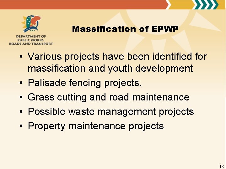 Massification of EPWP • Various projects have been identified for massification and youth development