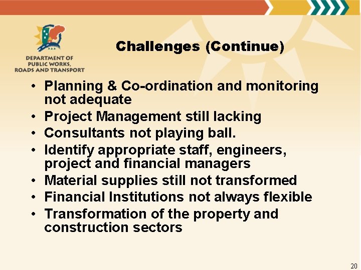 Challenges (Continue) • Planning & Co-ordination and monitoring not adequate • Project Management still