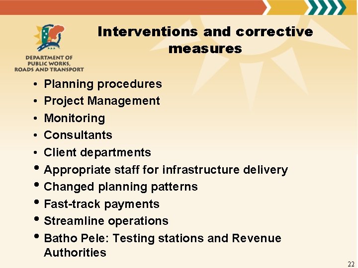 Interventions and corrective measures • • • Planning procedures Project Management Monitoring Consultants Client