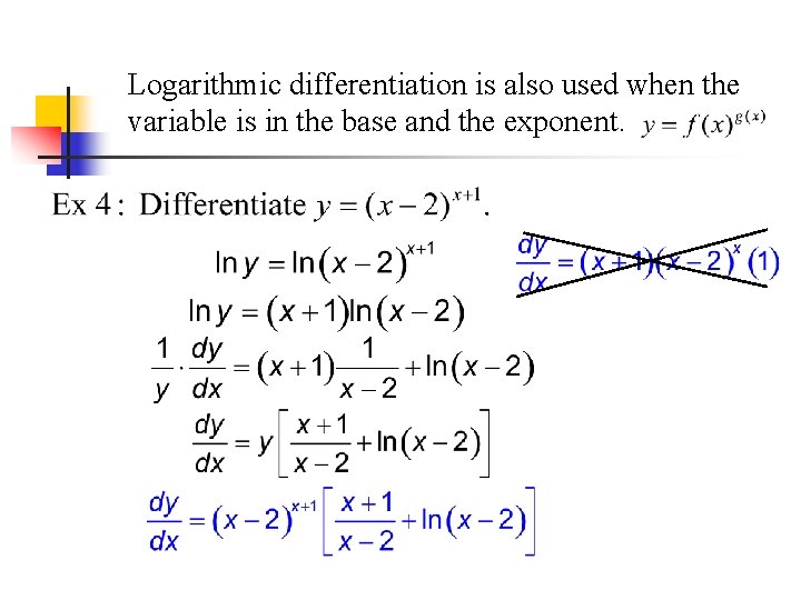Logarithmic differentiation is also used when the variable is in the base and the Logarithmic differentiation is also used when the variable is in the base and the