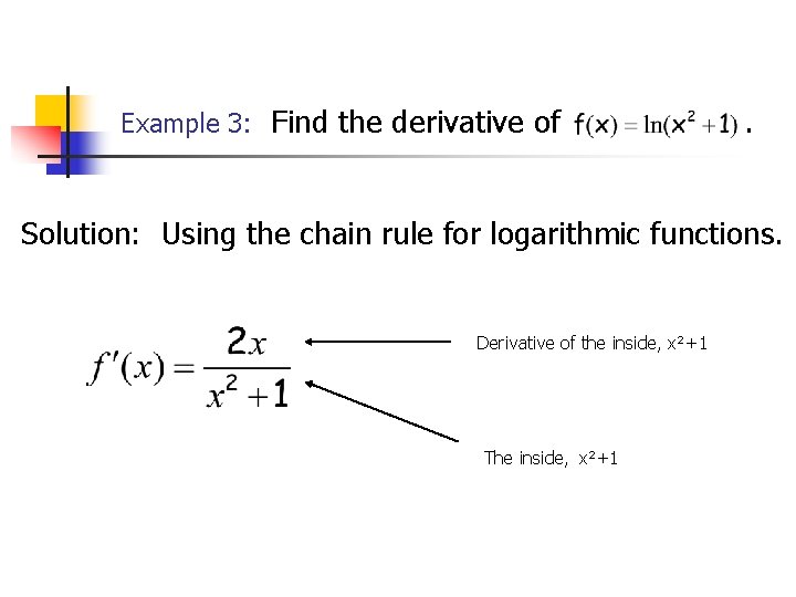 Example 3: Find the derivative of . Solution: Using the chain rule for logarithmic Example 3: Find the derivative of . Solution: Using the chain rule for logarithmic