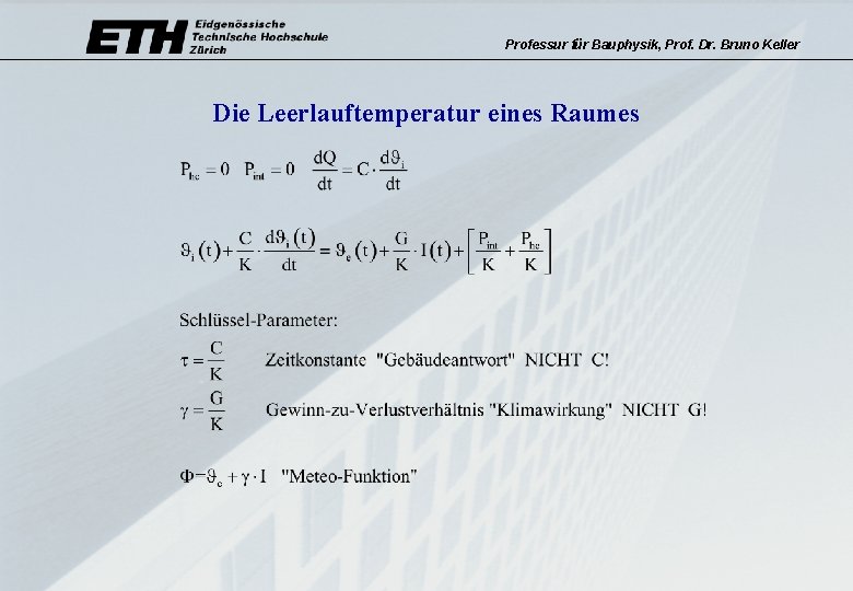 Professur für Bauphysik, Prof. Dr. Bruno Keller Die Leerlauftemperatur eines Raumes 