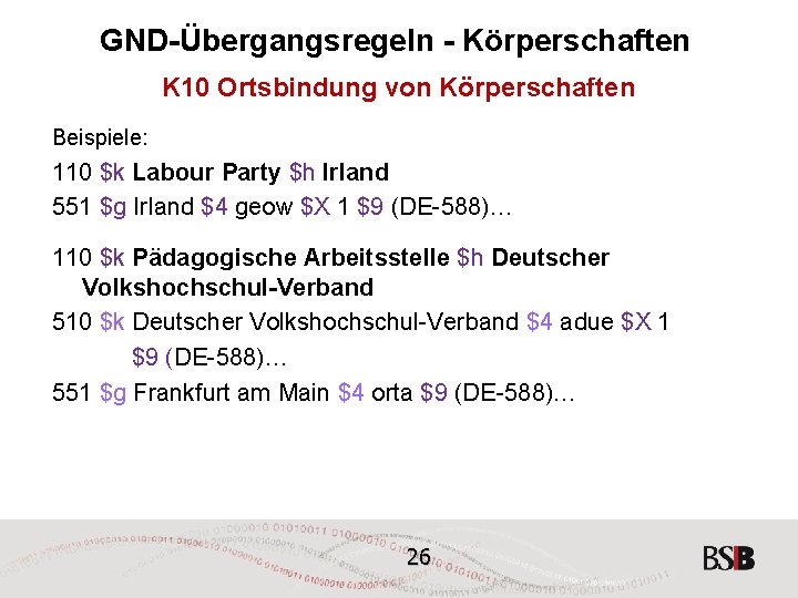 GND-Übergangsregeln - Körperschaften K 10 Ortsbindung von Körperschaften Beispiele: 110 $k Labour Party $h