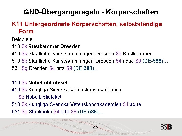 GND-Übergangsregeln - Körperschaften K 11 Untergeordnete Körperschaften, selbstständige Form Beispiele: 110 $k Rüstkammer Dresden