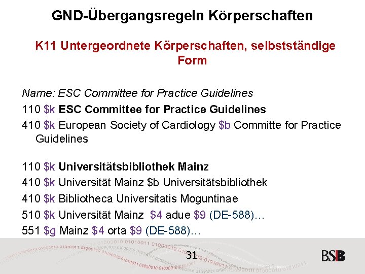 GND-Übergangsregeln Körperschaften K 11 Untergeordnete Körperschaften, selbstständige Form Name: ESC Committee for Practice Guidelines