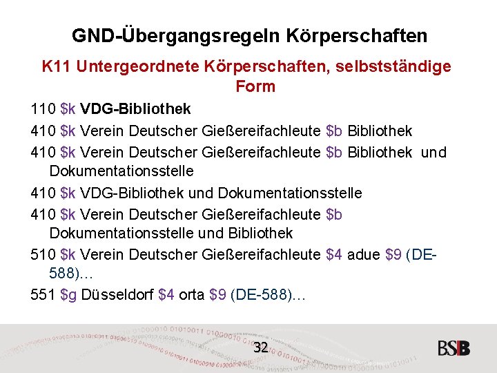 GND-Übergangsregeln Körperschaften K 11 Untergeordnete Körperschaften, selbstständige Form 110 $k VDG-Bibliothek 410 $k Verein