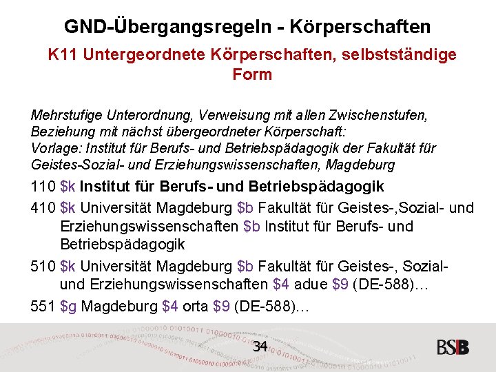 GND-Übergangsregeln - Körperschaften K 11 Untergeordnete Körperschaften, selbstständige Form Mehrstufige Unterordnung, Verweisung mit allen