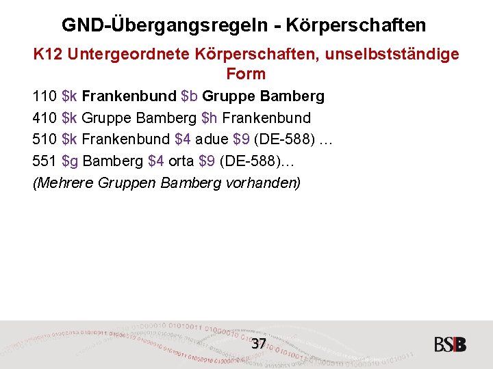 GND-Übergangsregeln - Körperschaften K 12 Untergeordnete Körperschaften, unselbstständige Form 110 $k Frankenbund $b Gruppe