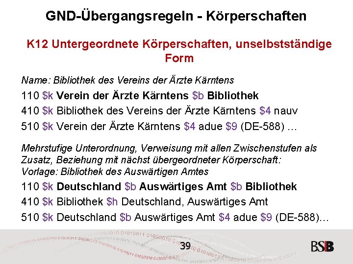 GND-Übergangsregeln - Körperschaften K 12 Untergeordnete Körperschaften, unselbstständige Form Name: Bibliothek des Vereins der