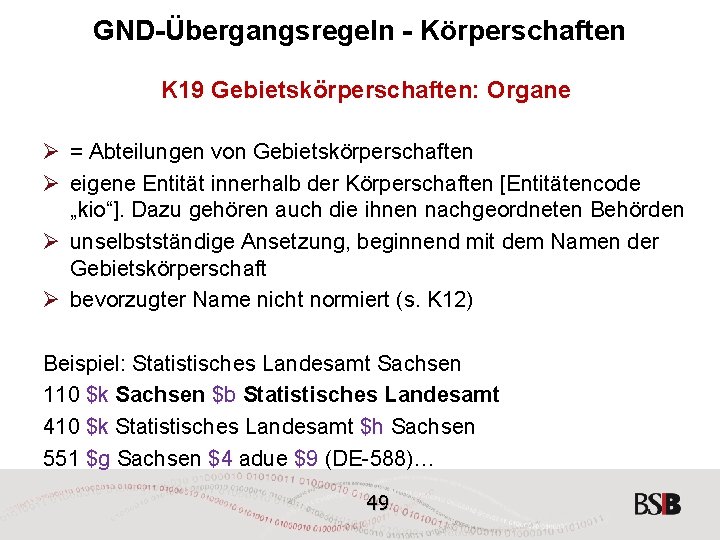 GND-Übergangsregeln - Körperschaften K 19 Gebietskörperschaften: Organe Ø = Abteilungen von Gebietskörperschaften Ø eigene