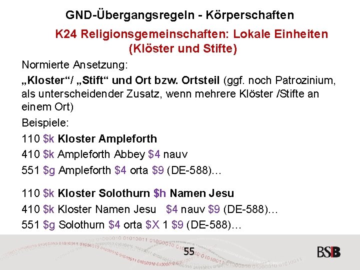 GND-Übergangsregeln - Körperschaften K 24 Religionsgemeinschaften: Lokale Einheiten (Klöster und Stifte) Normierte Ansetzung: „Kloster“/