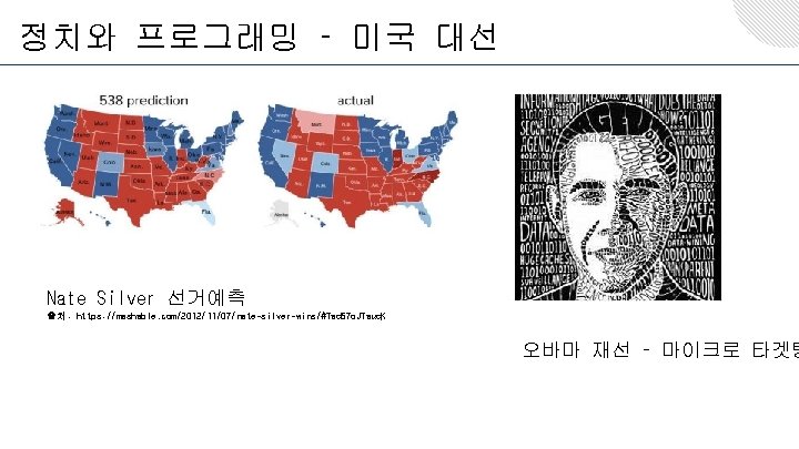 정치와 프로그래밍 – 미국 대선 Nate Silver 선거예측 출처: https: //mashable. com/2012/11/07/nate-silver-wins/#Tad 57 o.