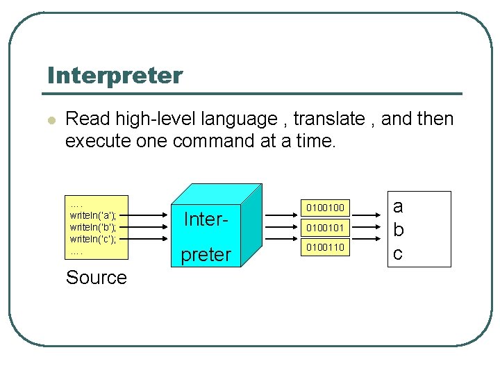 Interpreter l Read high-level language , translate , and then execute one command at