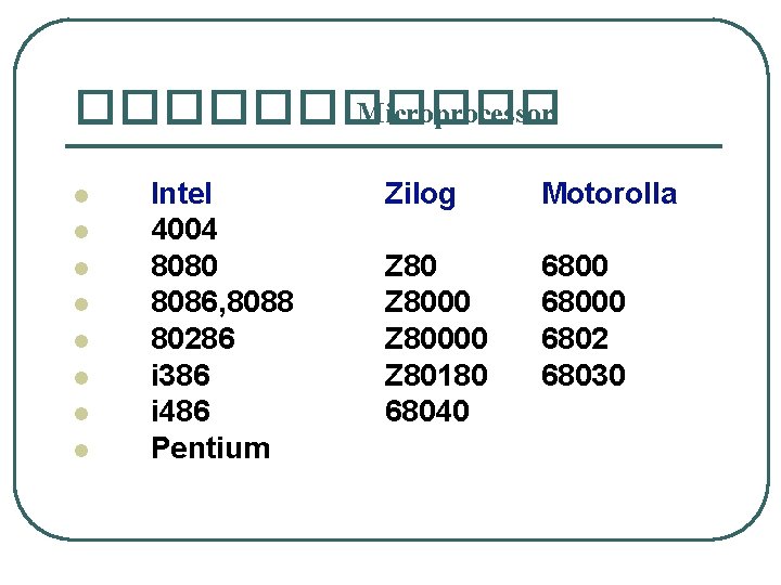 ������ Microprocessor l l l l Intel 4004 8080 8086, 8088 80286 i 386