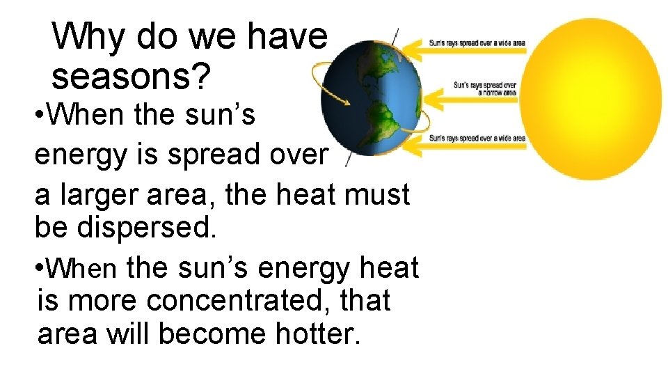 Why do we have seasons? • When the sun’s energy is spread over a