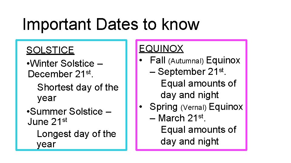 Important Dates to know SOLSTICE • Winter Solstice – December 21 st. Shortest day