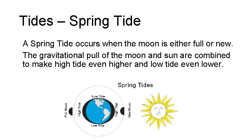 Tides – Spring Tide A Spring Tide occurs when the moon is either full