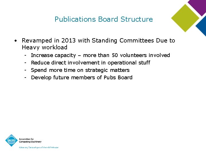 Publications Board Structure • Revamped in 2013 with Standing Committees Due to Heavy workload